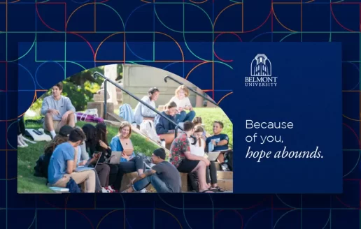 Front of Belmont University Alumni Fundraising Campaign mailer featuring a photo of students on campus.