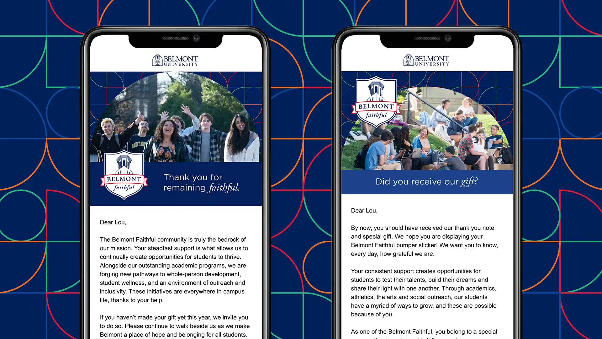 Belmont University alumni fundraising campaign emails on two phone screens. 