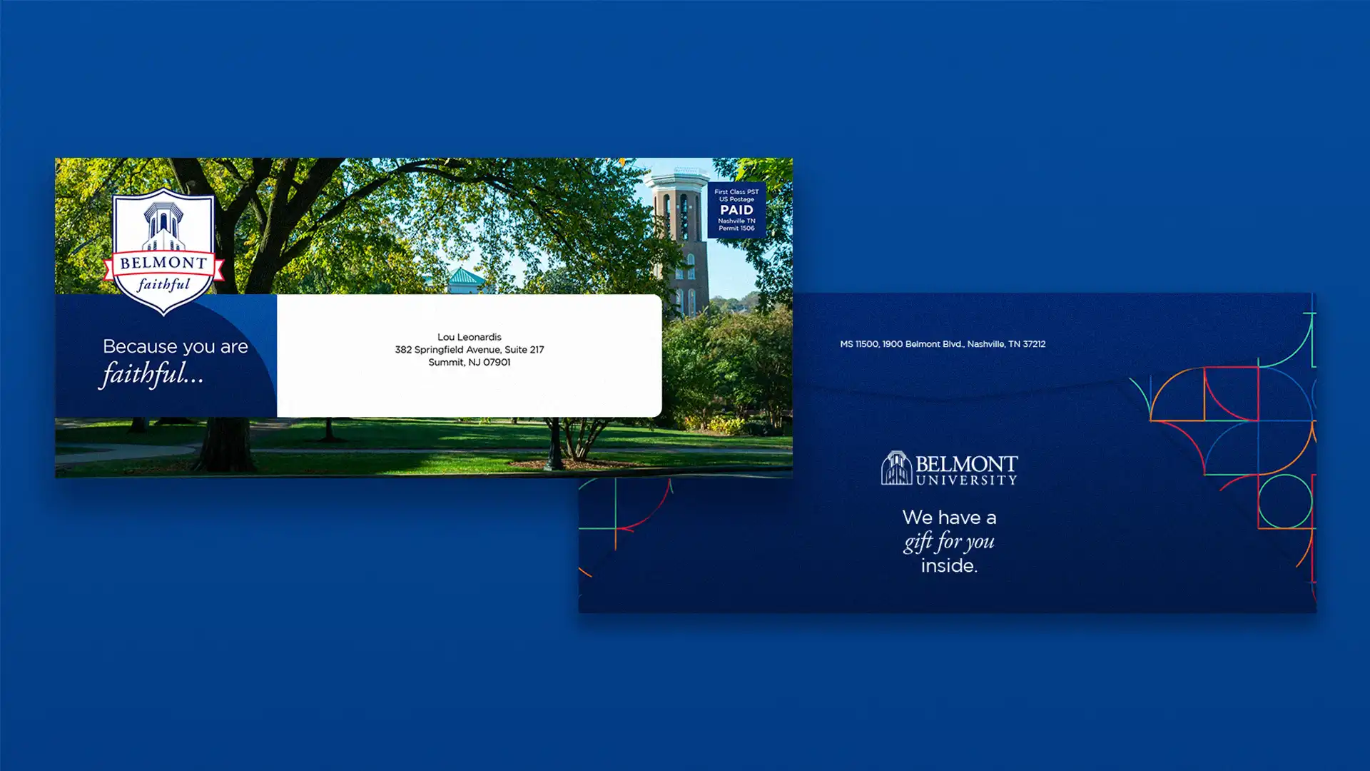 Envelope front and back for Belmont University's alumni fundraising campaign.