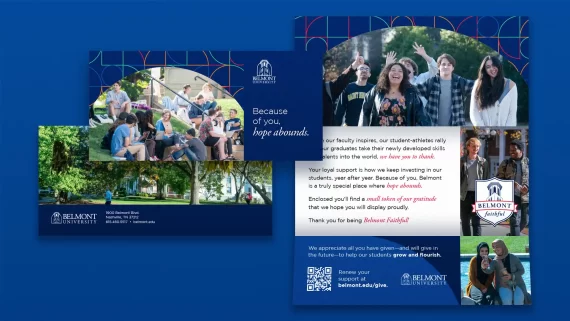 Belmont University alumni fundraising campaign mailer interior card and letter on a blue background.