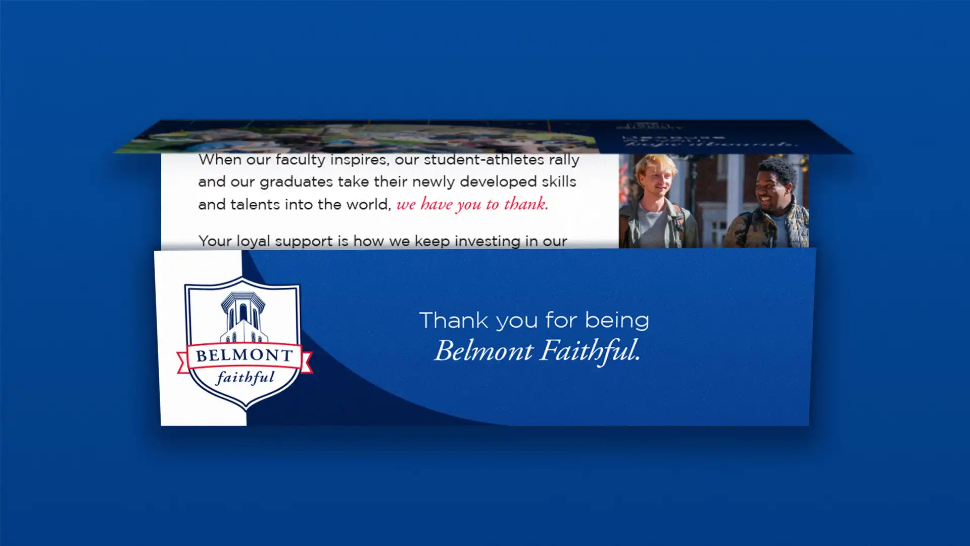 Belmont University alumni fundraising campaign mailer showing the short fold with messaging.