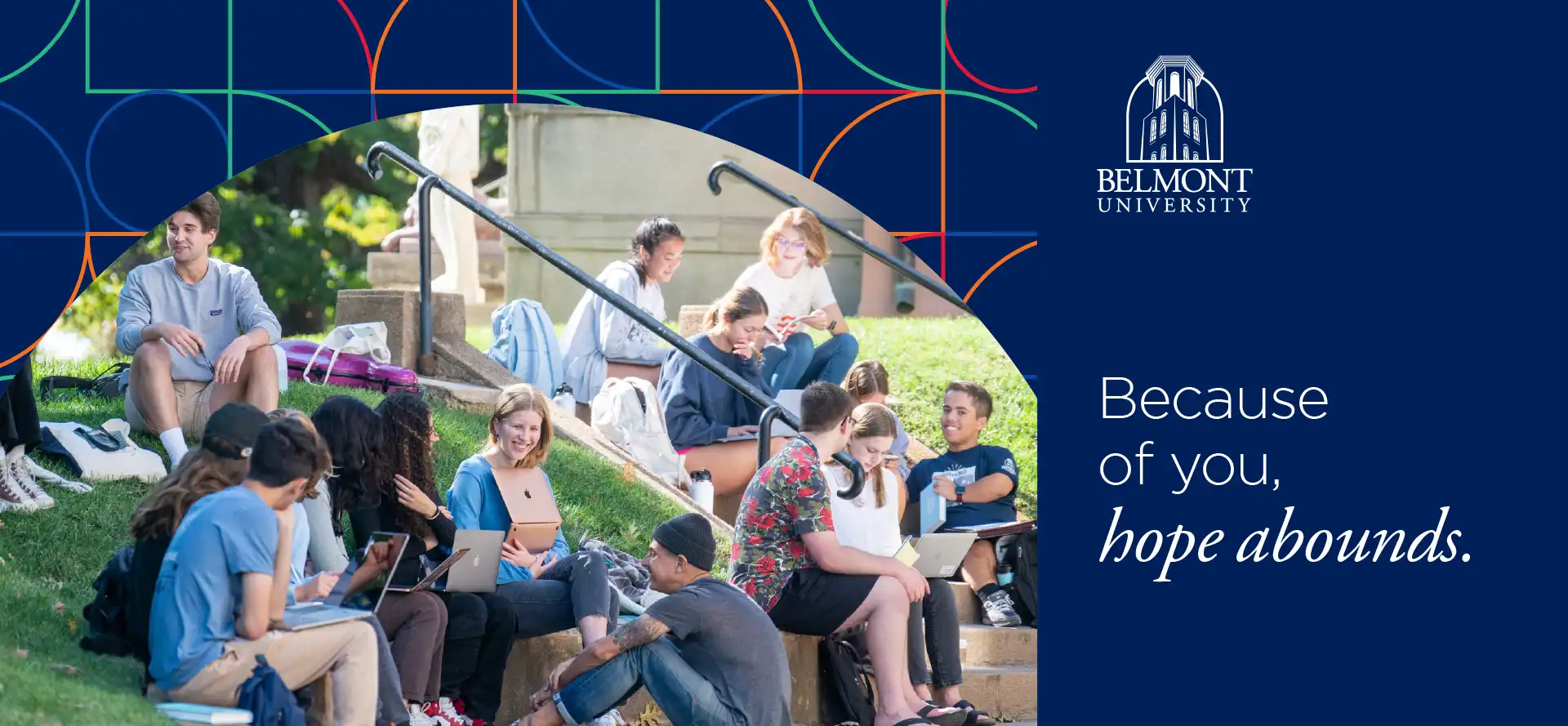 Front of Belmont University Alumni Fundraising Campaign mailer featuring a photo of students on campus.