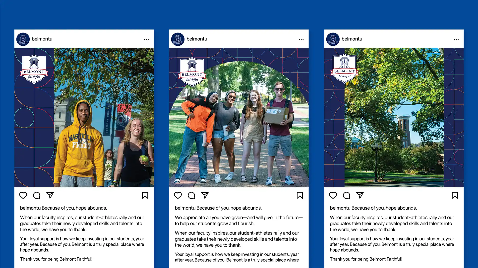 3 social posts on a blue background from Belmont University's alumni fundraising campaign social posts