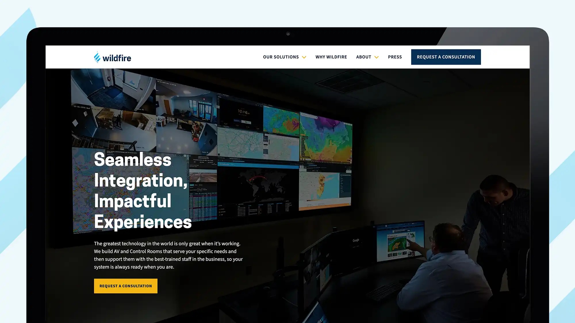 Homepage for Wildfire AV's website featuring a control room with a dark overlay
