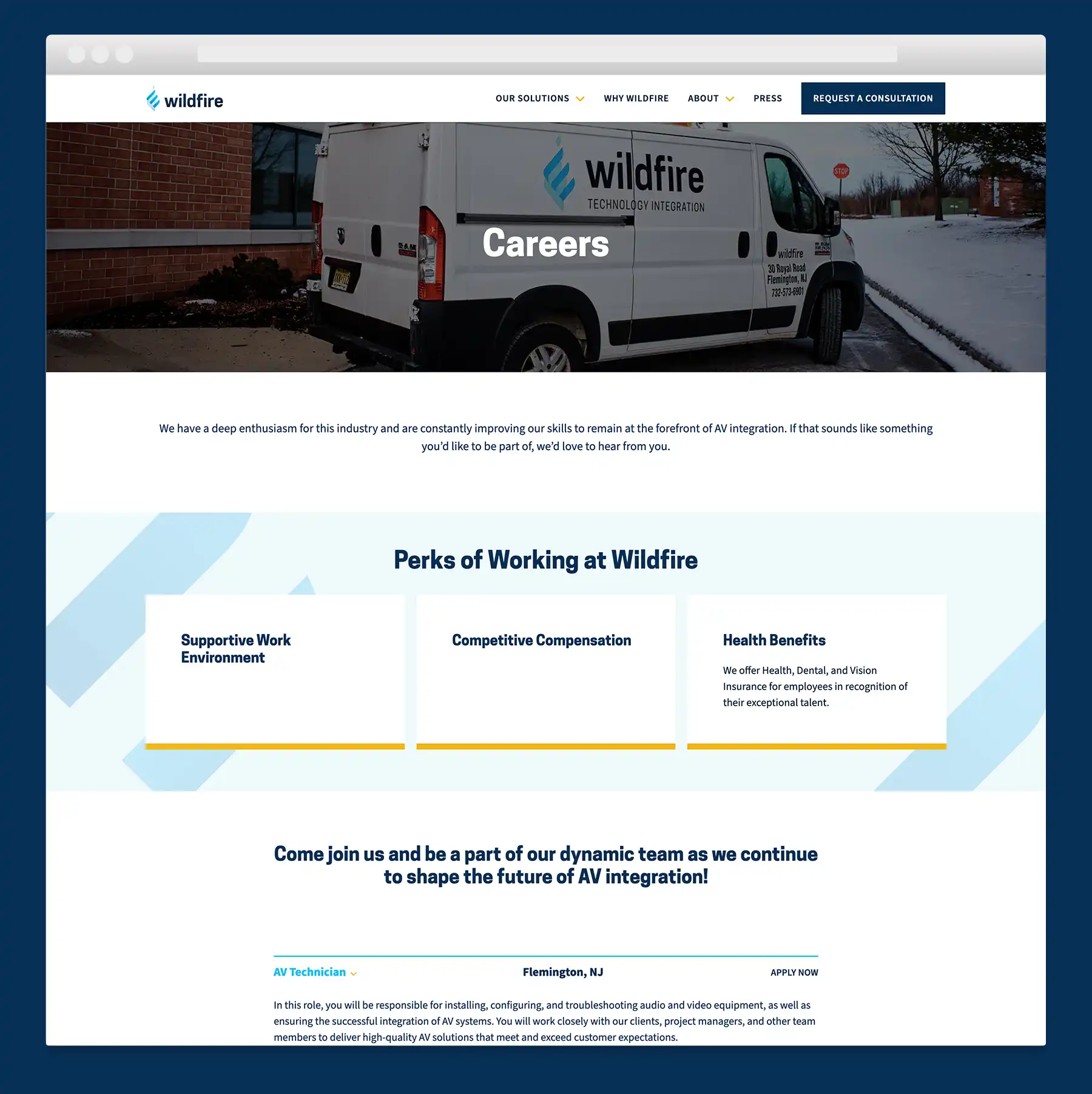 The careers page of the Wildfire AV website featuring perks and job listings