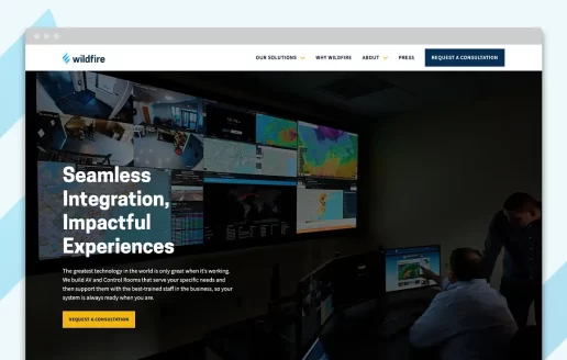 Homepage for Wildfire AV's website featuring a control room with a dark overlay