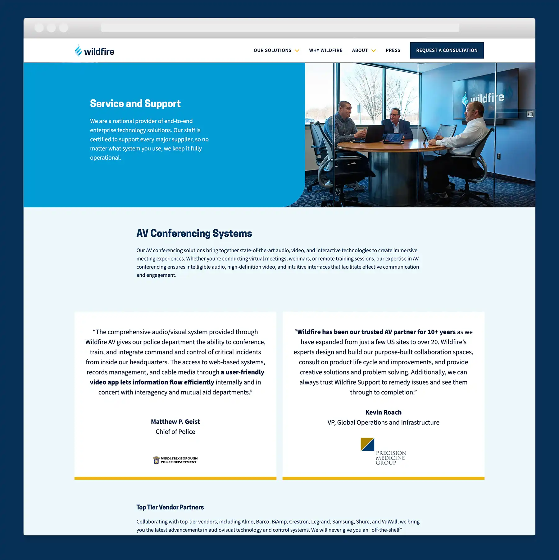 A page of the Wildfire AV website showing two testimonials on a light blue background