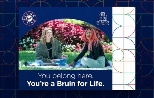 Front of Belmont University Alumni Fundraising Bruins for Life Campaign mailer featuring a photo of students on campus.