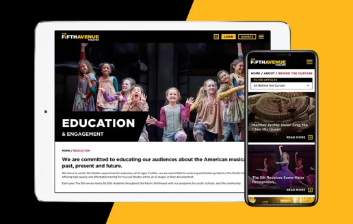 Theatre Website Design showing the Education page on a Tablet and a list of news items on Mobile.