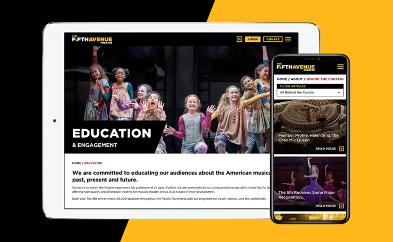 Theatre Website Design showing the Education page on a Tablet and a list of news items on Mobile.