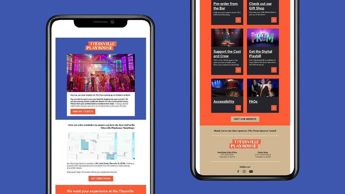 Branded email template design for Titusville Playhouse.