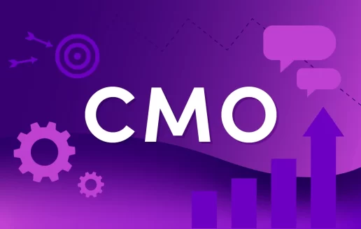 A vector graphic with various marketing elements surround the word, "CMO".