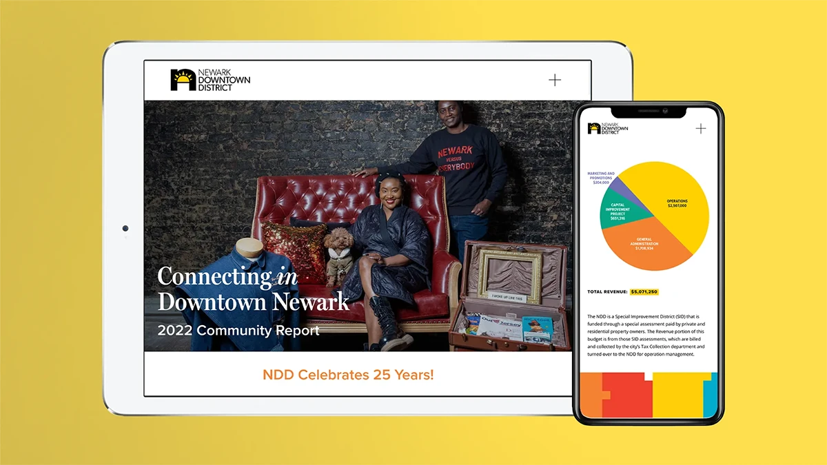 Tablet and mobile screens of the annual impact report website design.