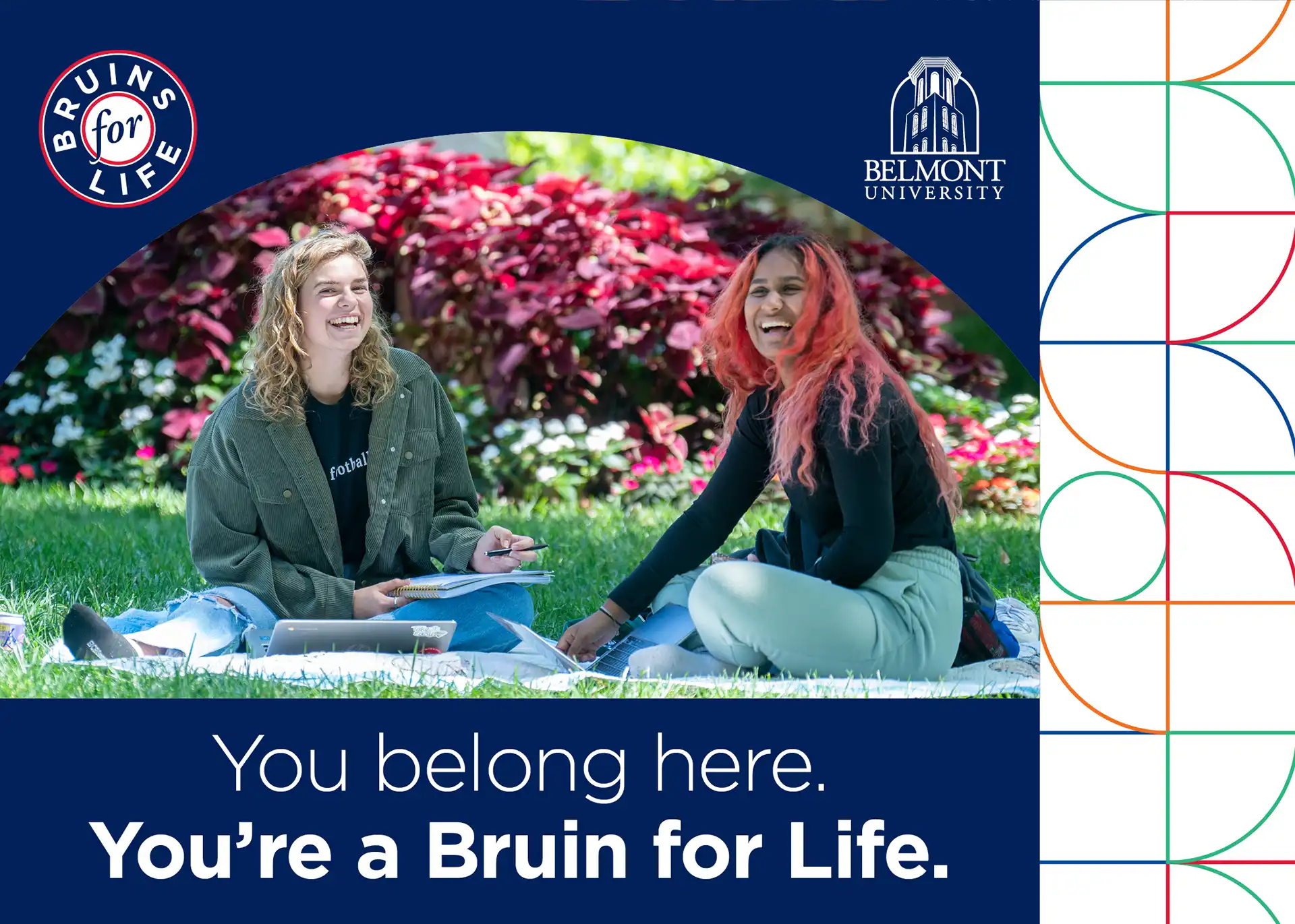 Front of Belmont University Alumni Fundraising Bruins for Life Campaign mailer featuring a photo of students on campus.