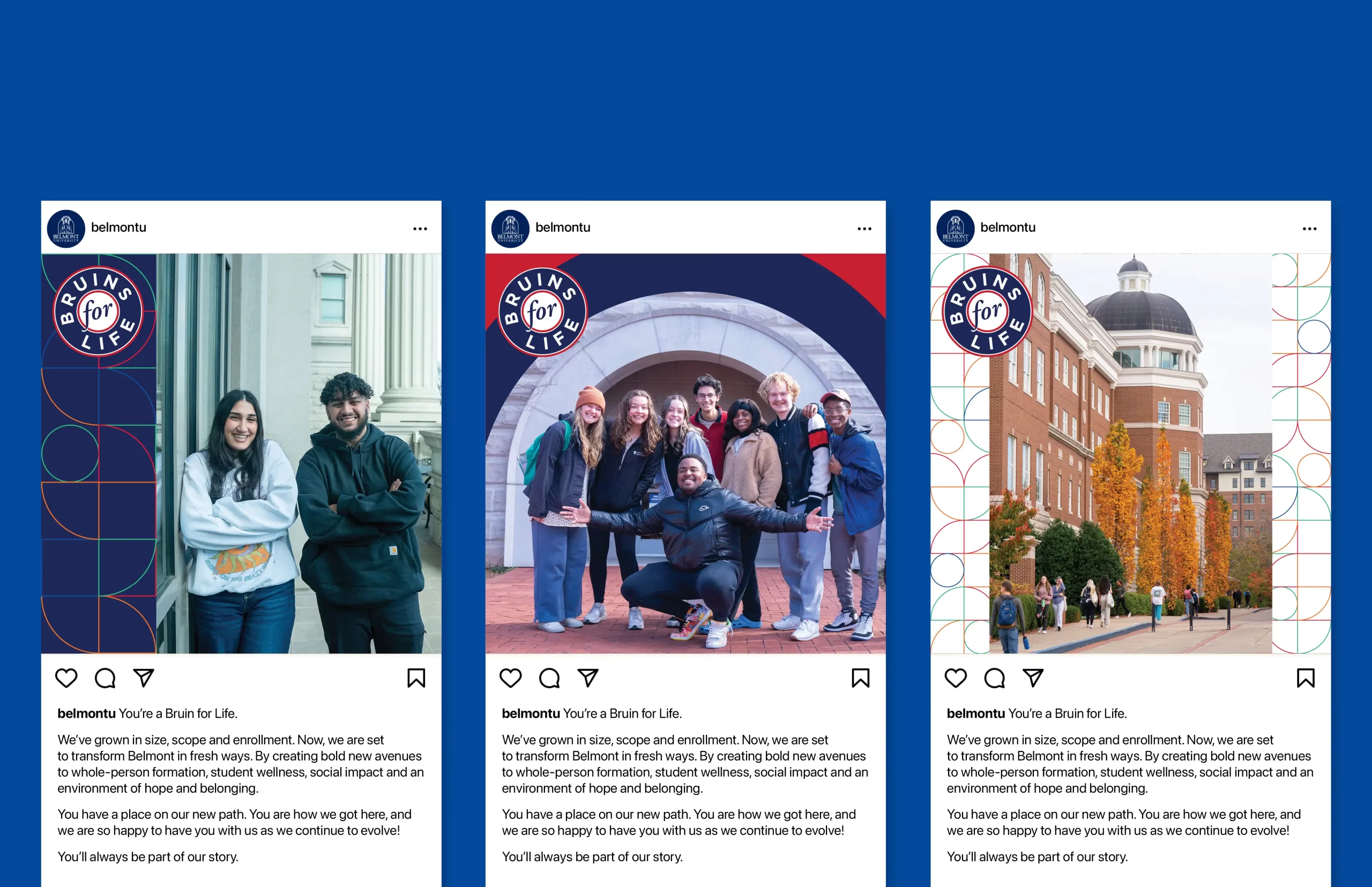 3 social posts on a blue background from Belmont University's alumni fundraising campaign social posts