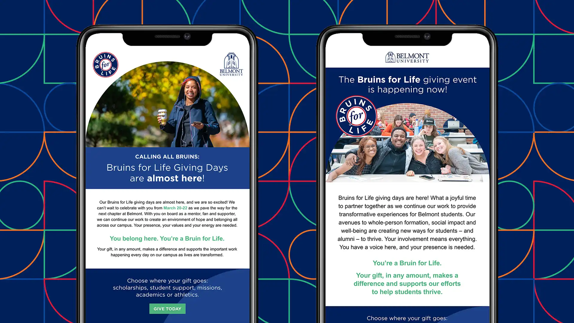 Belmont University alumni fundraising campaign emails on two phone screens.