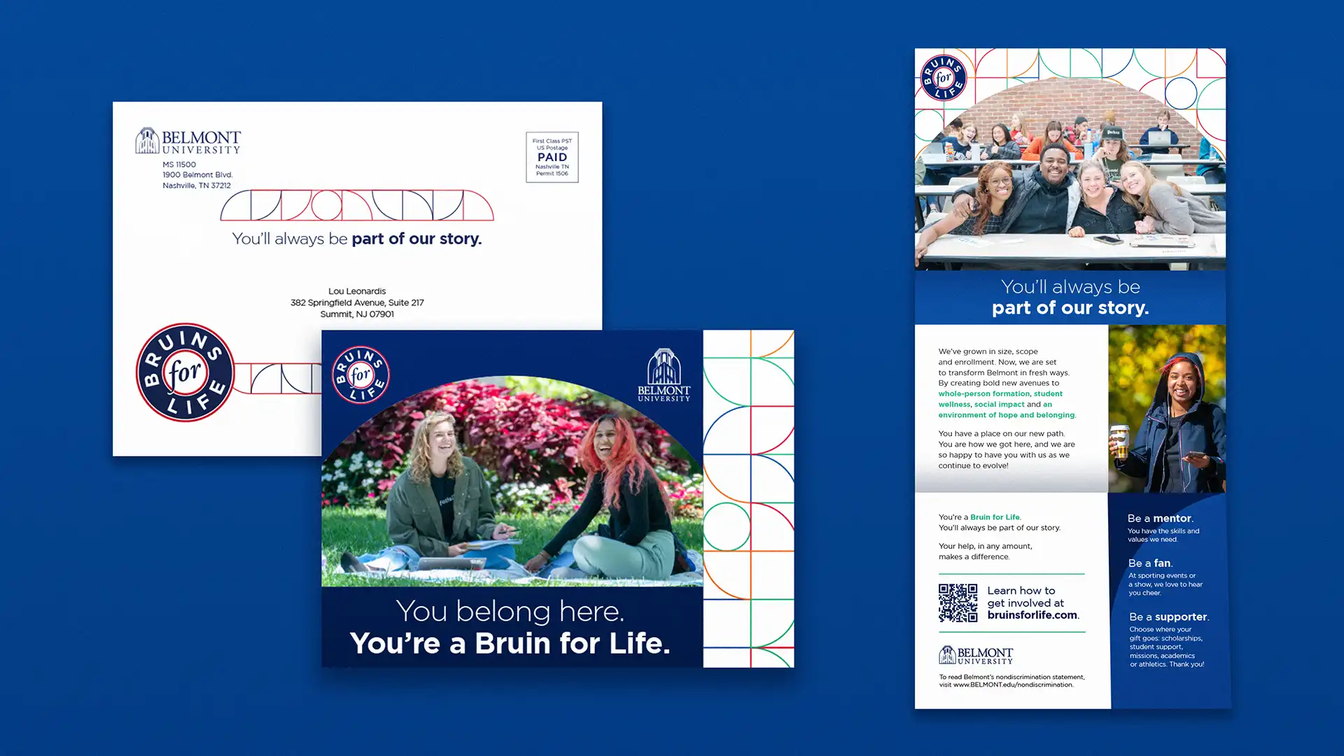 Belmont University alumni fundraising campaign mailer, and other materials on a blue background.