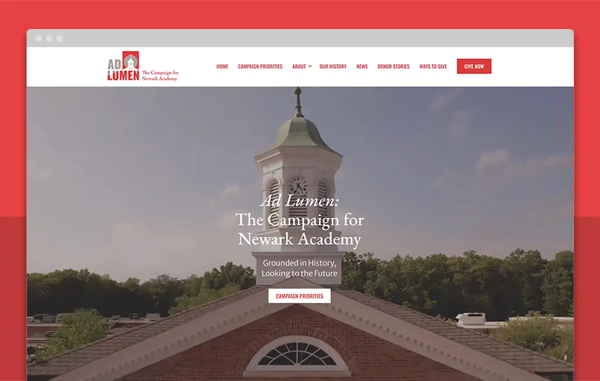 Newark Academy capital campaign website homepage showing Newark Academy's iconic clock tower.