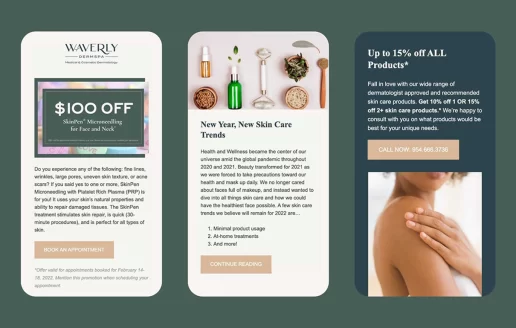 Three mobile devices showing medical practice email marketing including coupons and newsletter components.