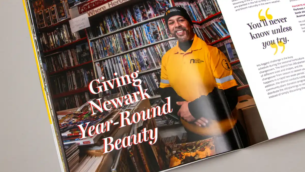 A detail of an interview spread titled "Giving Newark Year-Round Beauty".