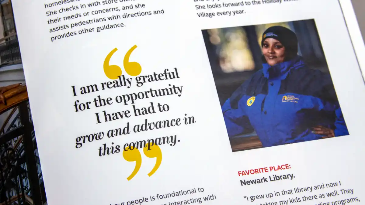 A pull quote from the annual impact report that says "I am really grateful for the opportunity I have had to grow and advance in this company."