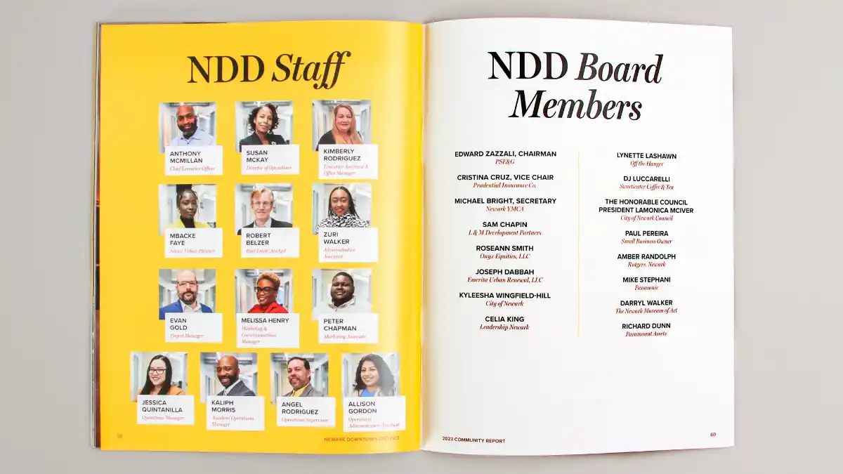 A spread of the NDD community report of the staff and board members.