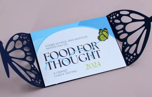 The Food for Thought 2024 gala invitation on a grey background.