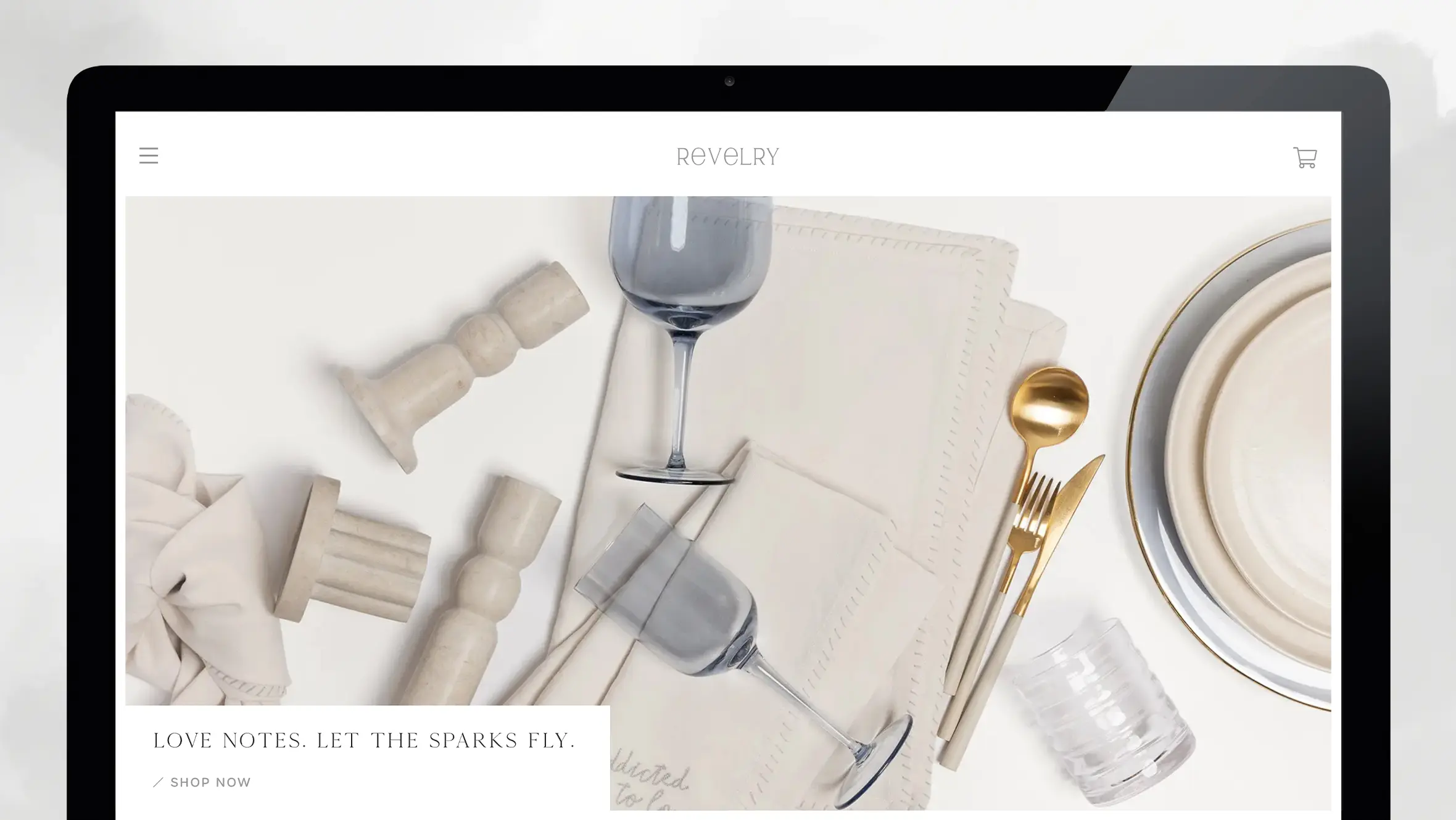 Revelry Home homepage showing tableware items that you can buy on the ecommerce website