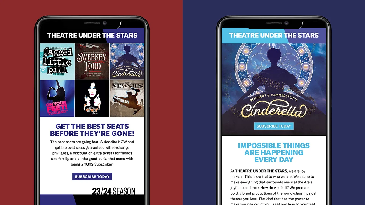 TUTS theatre season branding emails