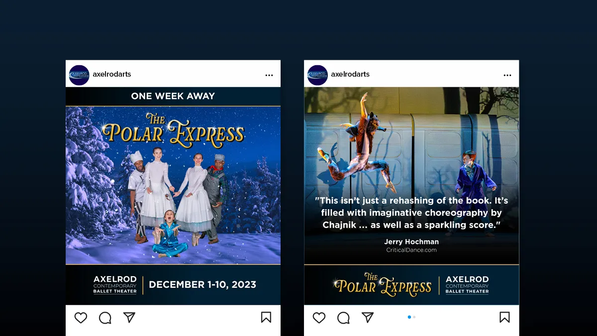 Polar Express show promotion social graphics for Axelrod Performing Arts Center.