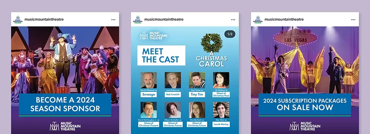 Three Instagram posts for Music Mountain Theatre on a purple background.