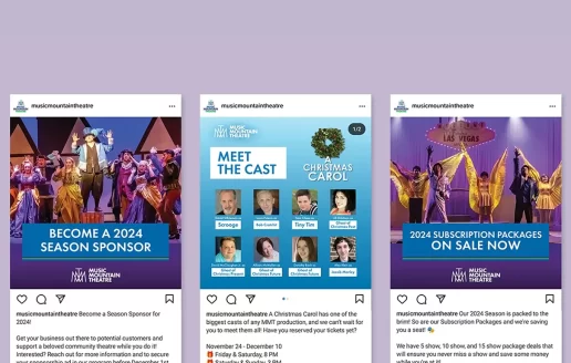 Three Instagram posts for Music Mountain Theatre on a purple background.