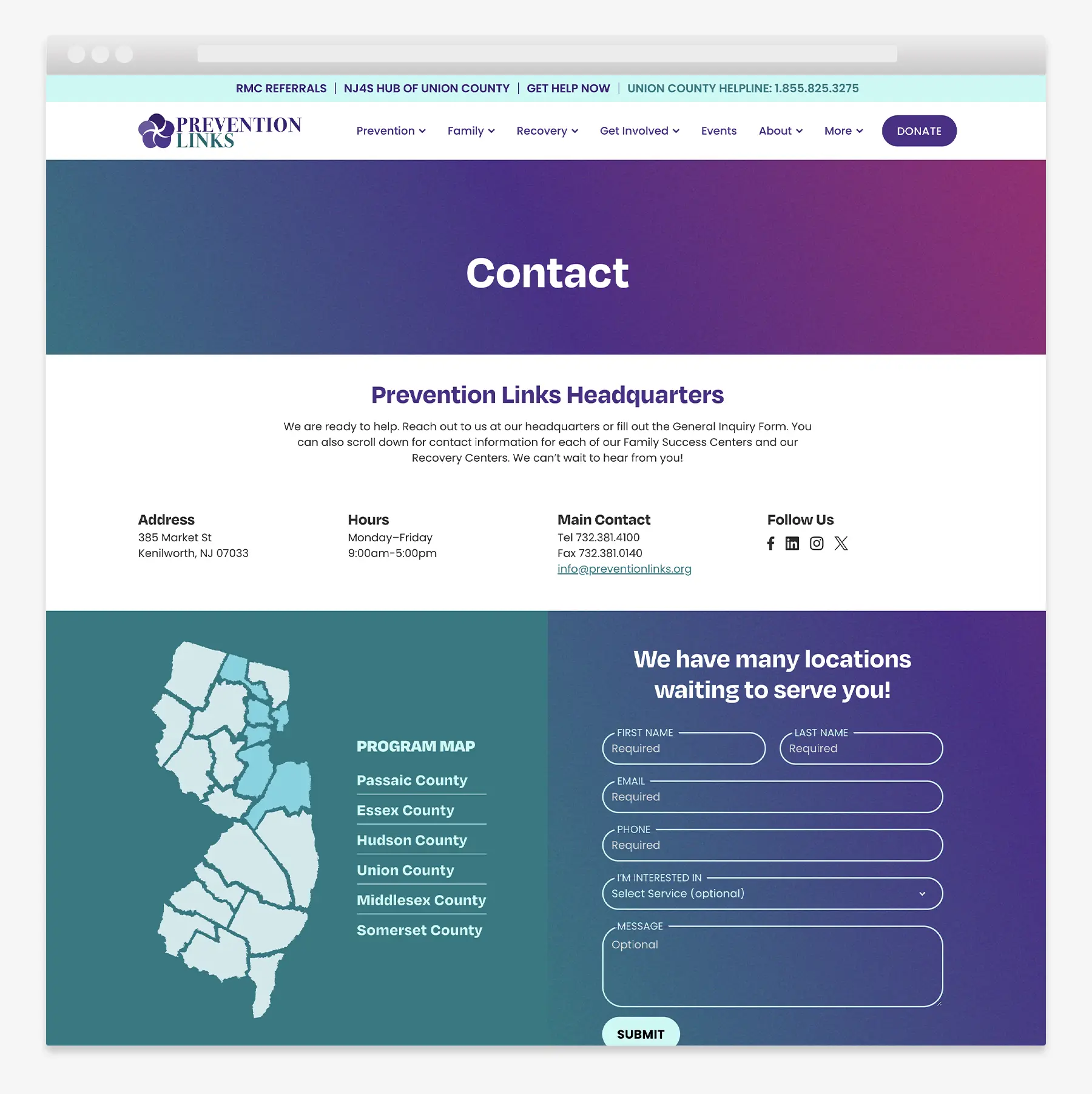 Contact page design for a recovery services website serving New Jersey residents.