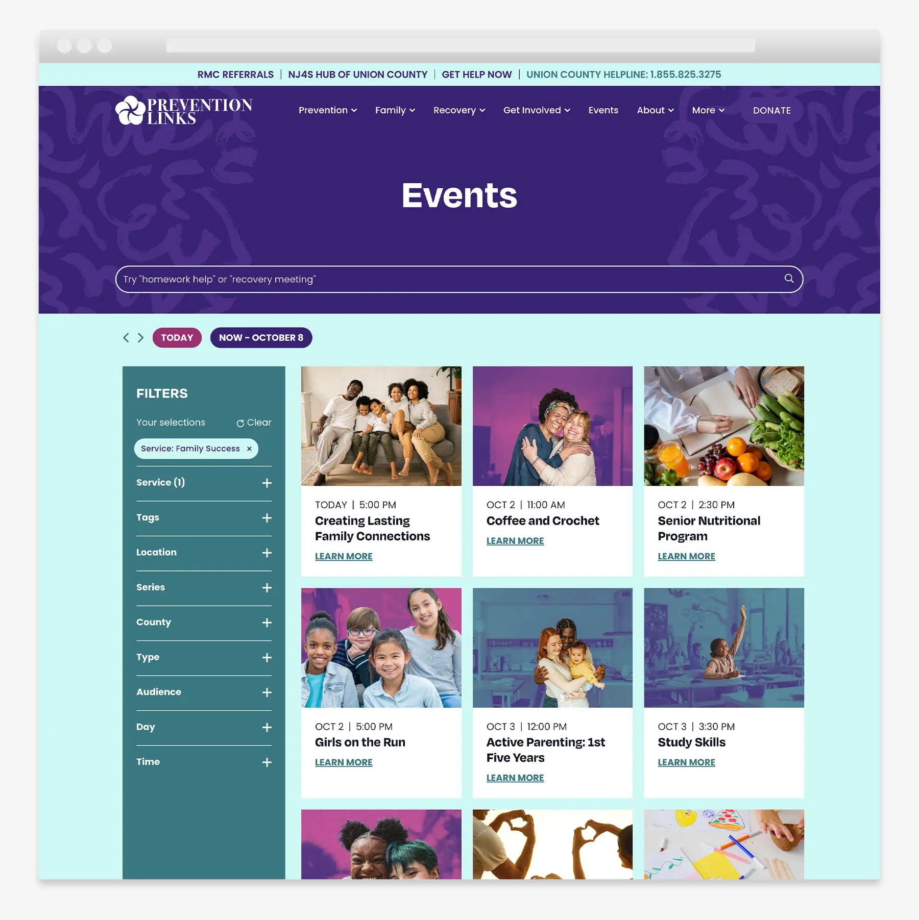 Events feed design for a recovery services website serving New Jersey residents.