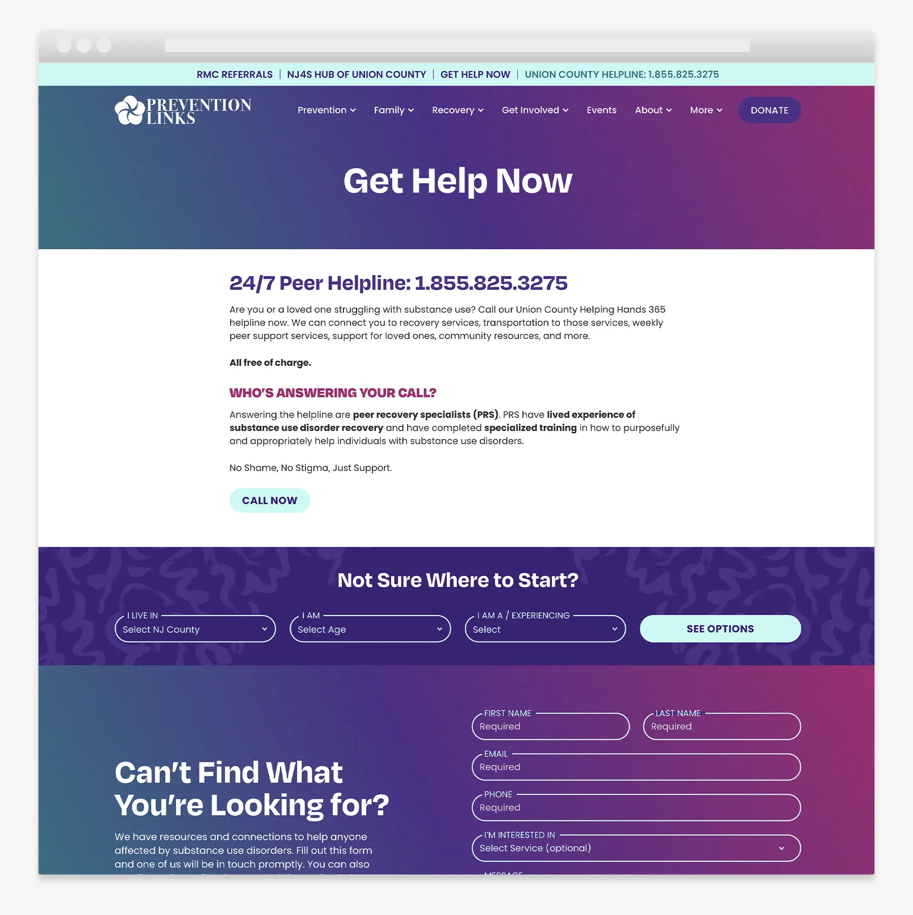 Get Help Now page design for a recovery services website serving New Jersey residents featuring a self-selector to help people find help.