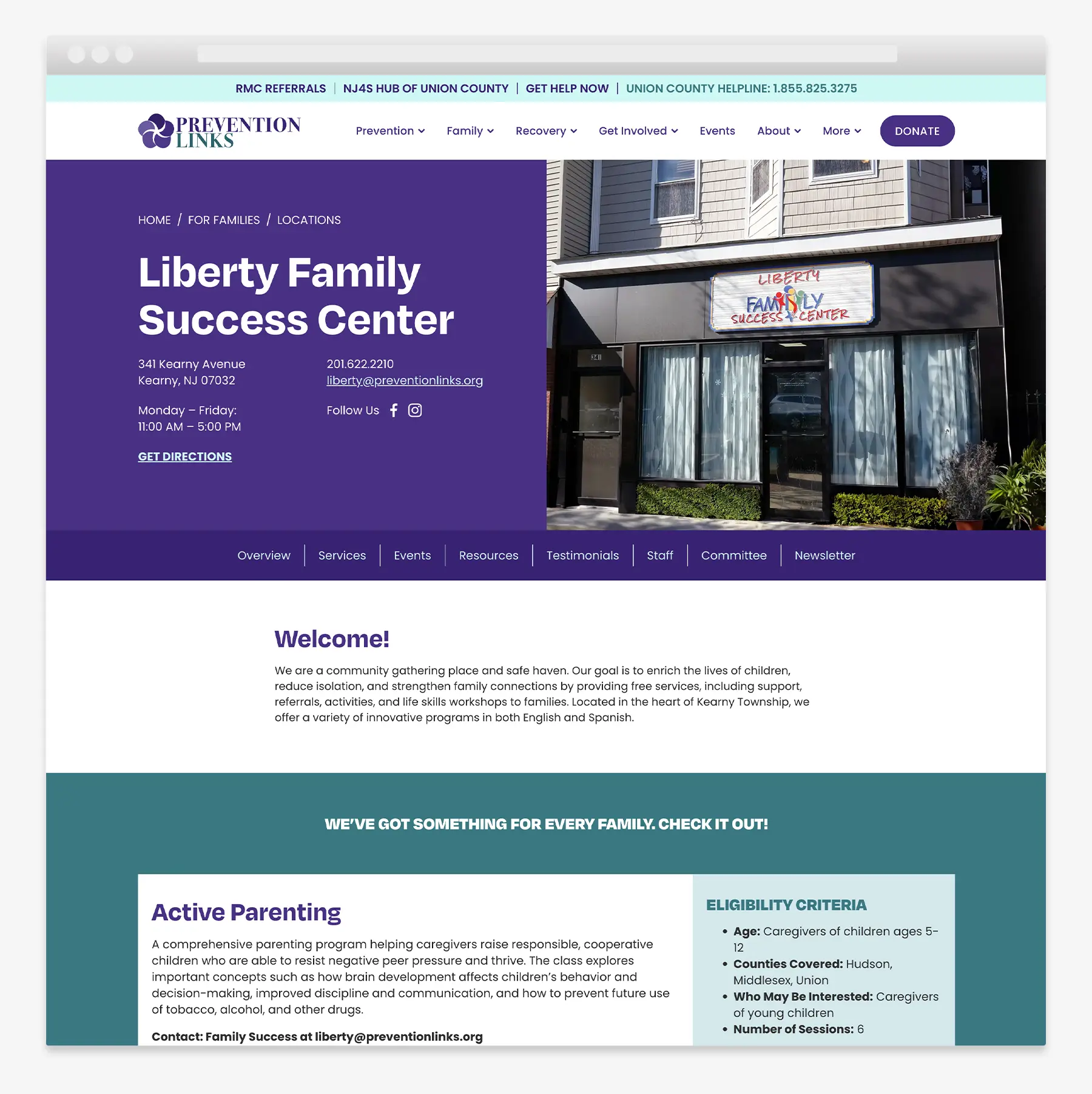 Family Success Center location page design for a recovery services website serving New Jersey residents.