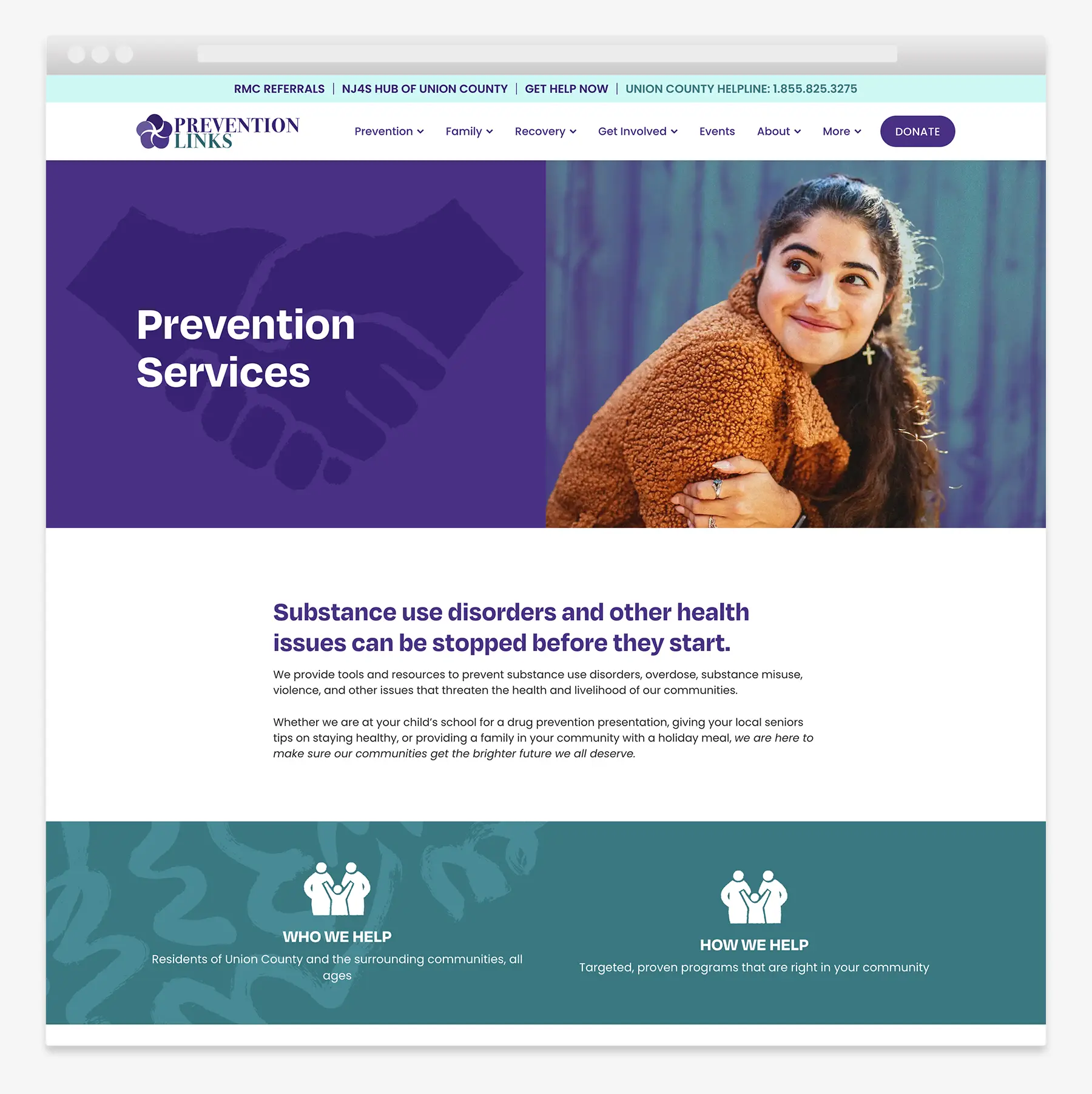 Prevention services page design for a recovery services website serving New Jersey residents.