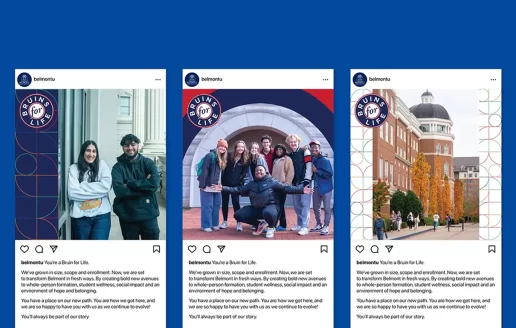 3 social posts on a blue background from Belmont University's alumni fundraising campaign social posts