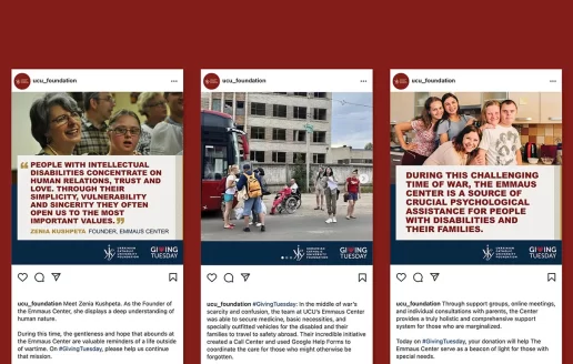 Three Giving Tuesday marketing campaign Instagram posts showing how UCU's Emmaus Center makes a difference in the lives of people with disabilities.
