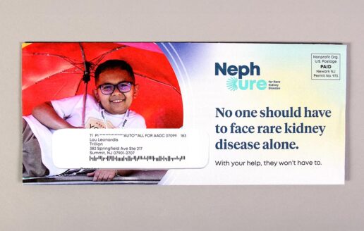 The envelope front and back for the Nephcure end of year appeal mailing, featuring a large photo and a gradient background.