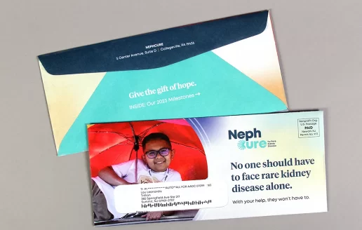 The outer envelope front and back for the NephCure end of year appeal mailing, featuring an image of a patient and a headline with a gradient background.