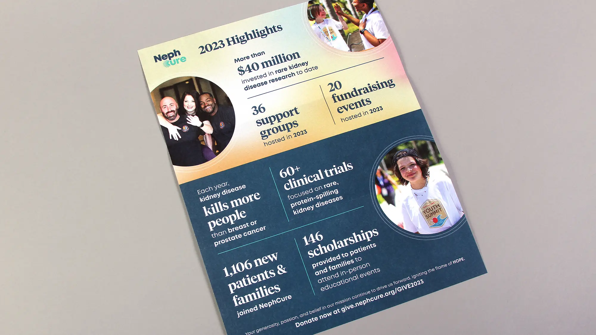 The back of the letter for the Nephcure mailing featuring statistics and photos.