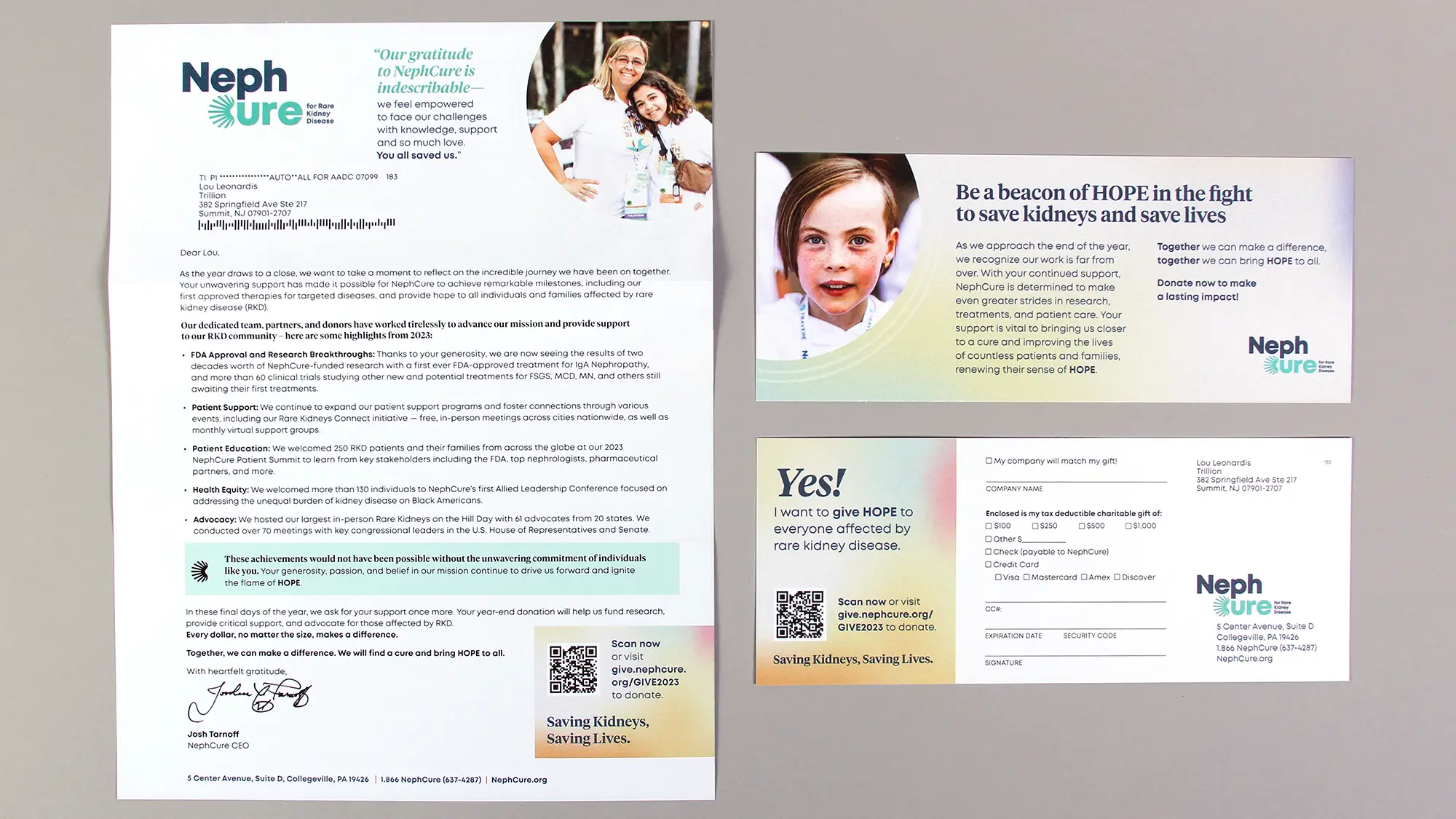 The letter and reply card for the Nephcure end of year appeal mailing.