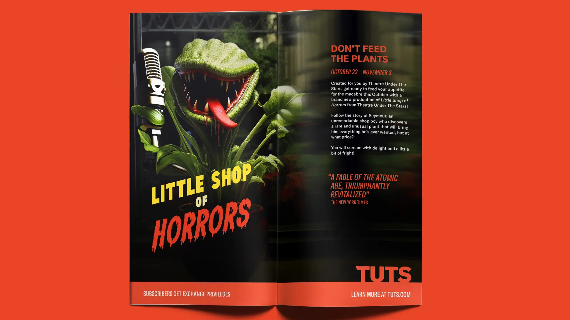 A spread of the acquisition brochure open to feature key art from the show Little Shop of Horrors.