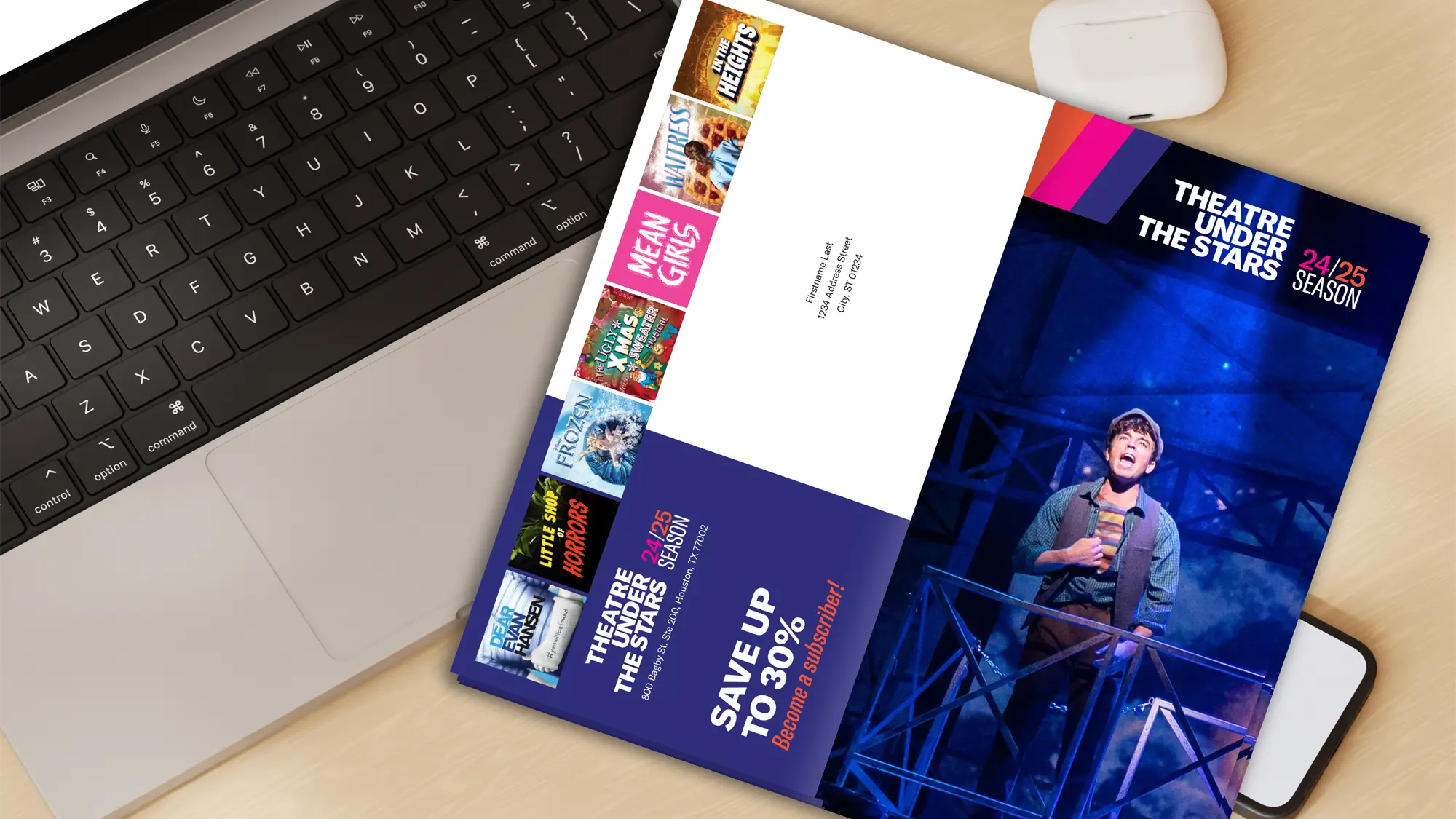 The acquisition brochure for Theatre Under the Stars open to the front and back cover on a desk.