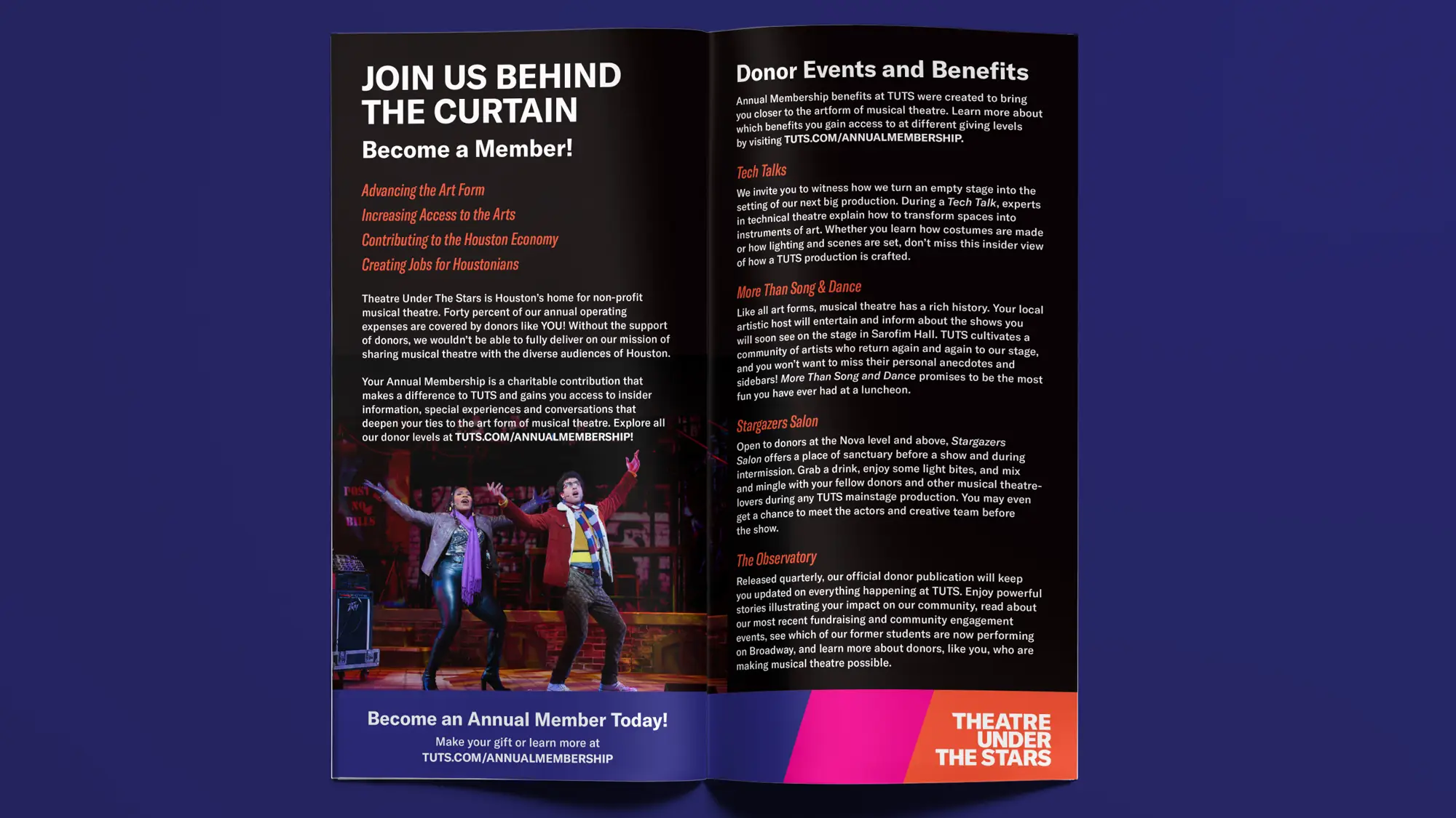 A spread of the brochure on a dark background describing how to become a member.