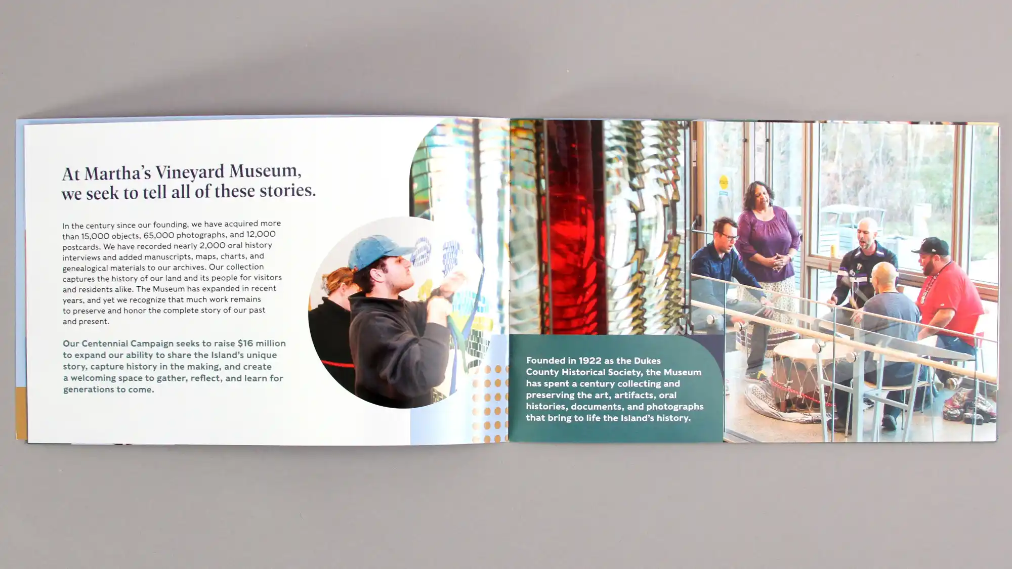 A spread of the Martha's Vineyard campaign brochure depicting text on the left and image on the right.