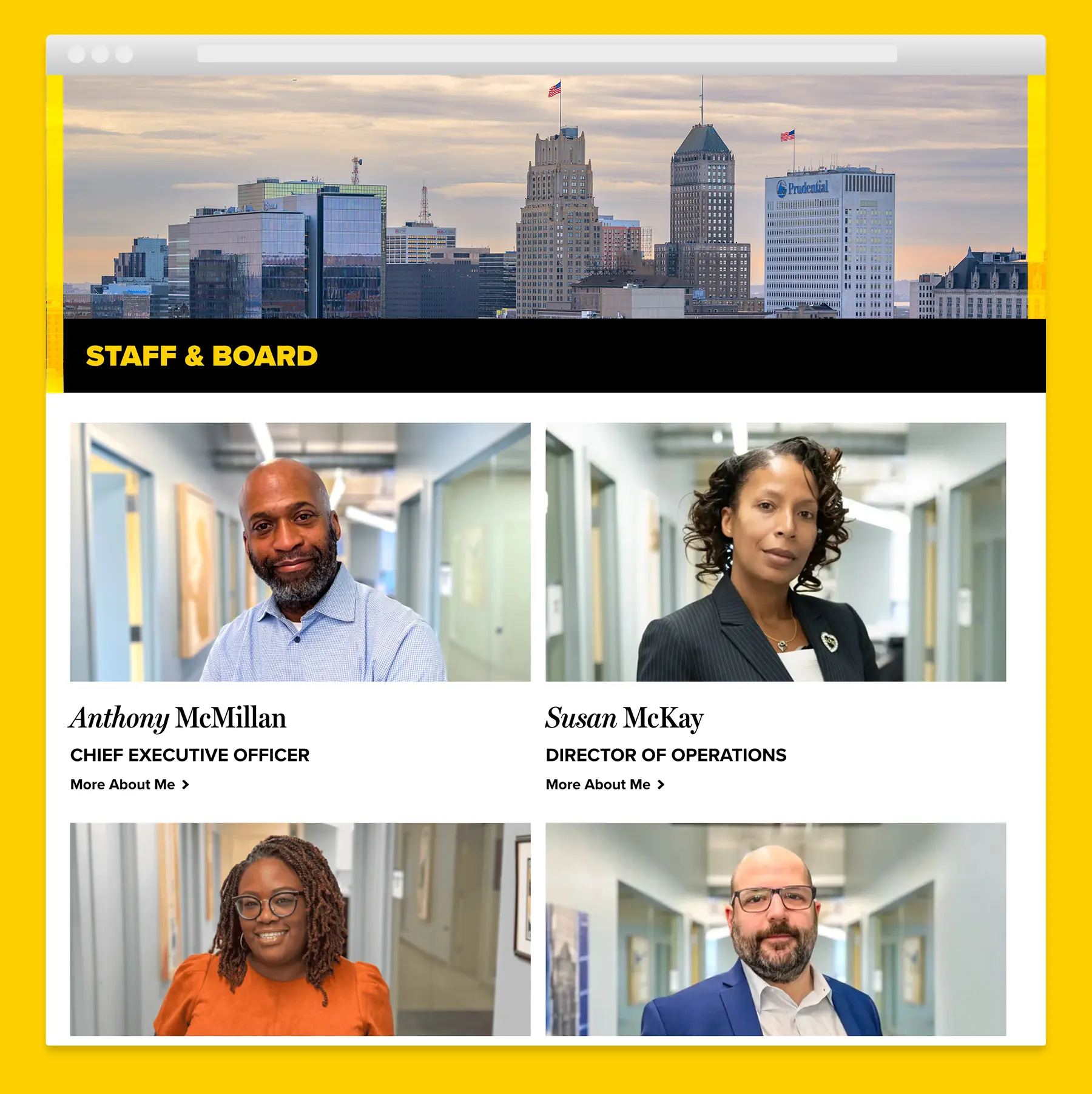 Website design for Newark Downtown District featuring a list of staff members and a skyline photo of Newark, NJ.