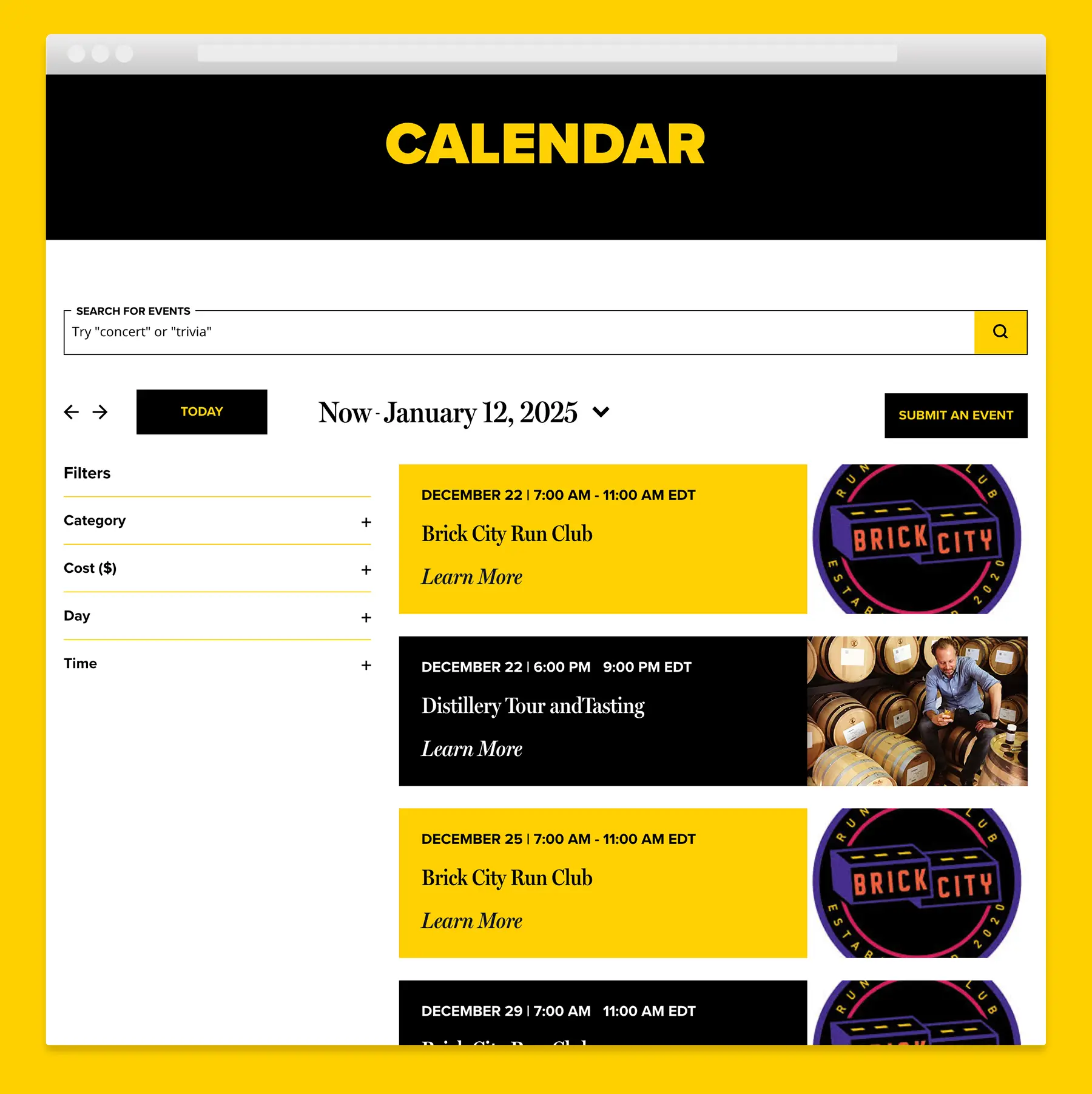 A website design for a calendar page for Newark Downtown District.