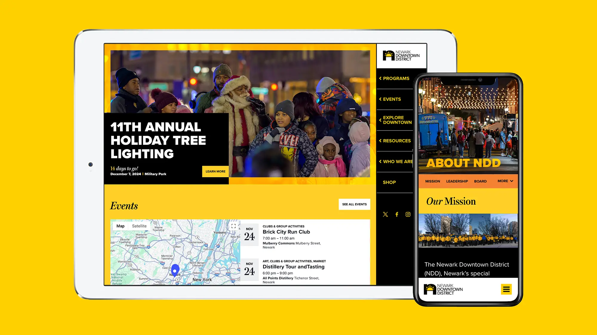 A mockup of an iPad and an iPhone on a yellow background showing responsive web designs for NDD.